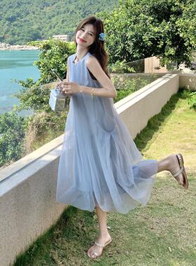 女蓝色韩甜美级感衣网纱拼接无袖连裙初夏新款龄系花2B114-22苞裙