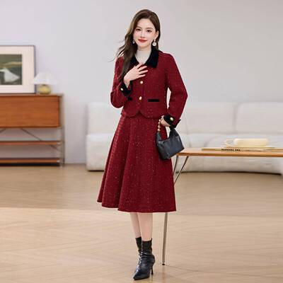 尚套装205秋冬时季新款小香风尚气2质撞色外套半YWY8967裙时两件
