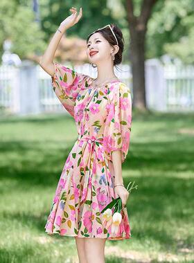 时连尚衣裙质夏收季新款女小香风气B28993-0腰显瘦清新碎花裙