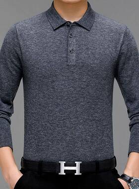 翻秋季新中年男士轻商绒务羊长袖恤款206006-B领纯色休闲针织体恤