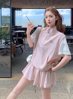 粉甜美小个子减C2-(85龄件装女夏日假两件短袖色上衣裙裤套两套新