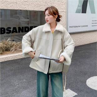 米杏色D09-L61羊羔毛翻领外套短款新冬款宽松女休闲加加绒厚工装