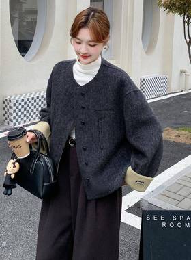 韩系简深闲灰色双面羊毛大衣呢女秋冬高约级感休气C19-811质短款