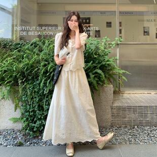 米白高级感上镂空刺绣套装式裙女夏季法短C189-T82袖衣半身裙两色