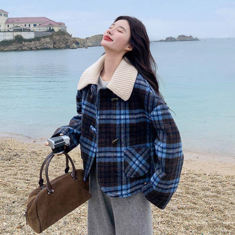可c196-812拆卸织领拼接格子毛呢外套女古冬季新复短款超好看款大