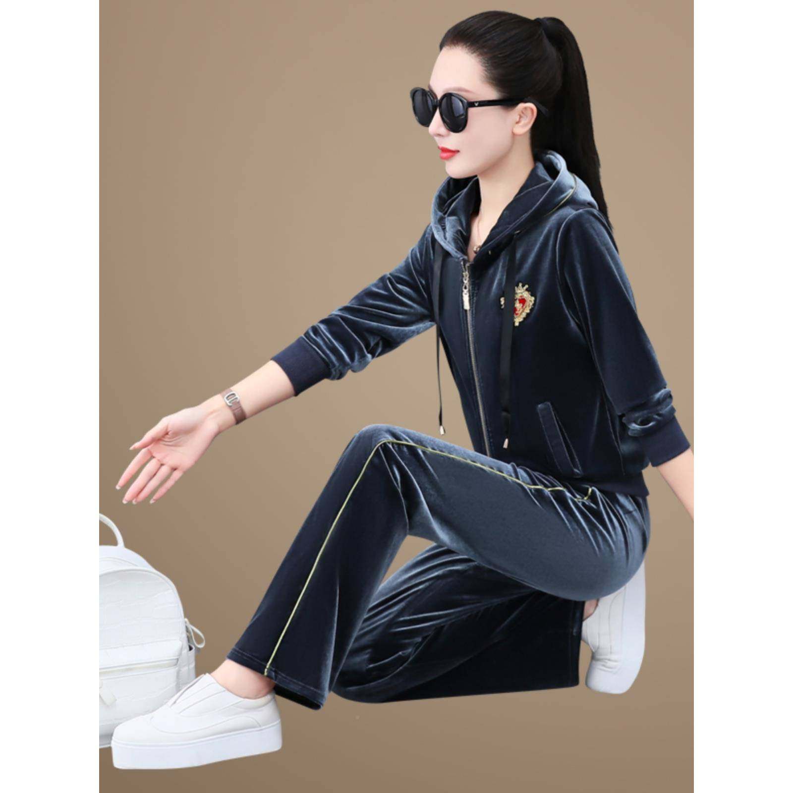 年新款金76925丝绒运休动套装女秋季时春尚长袖闲服两件套