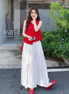 韩系温柔风红无色袖上衣C525-T86套白色阔腿裤两件套夏女季新款显