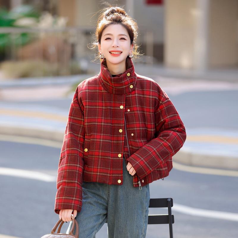 复古红色纹短款羽绒服领女冬格季新款香风立白ZYI9582鸭绒厚小外