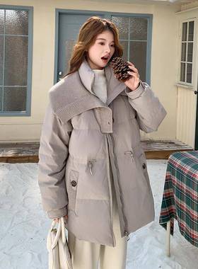 卡灰色设计感翻拼服c255-F68接毛线大领羽绒女冬季新款加厚保暖面