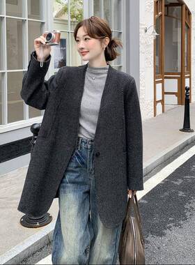 灰色尚羊毛呢子绒内胆西套装外女时秋羽冬c291-891新款韩系气质高