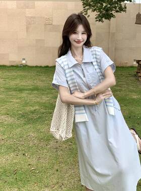 浅蓝色韩B165-52系休闲短袖衬女显衫衣裙夏季条纹披肩连收腰瘦长