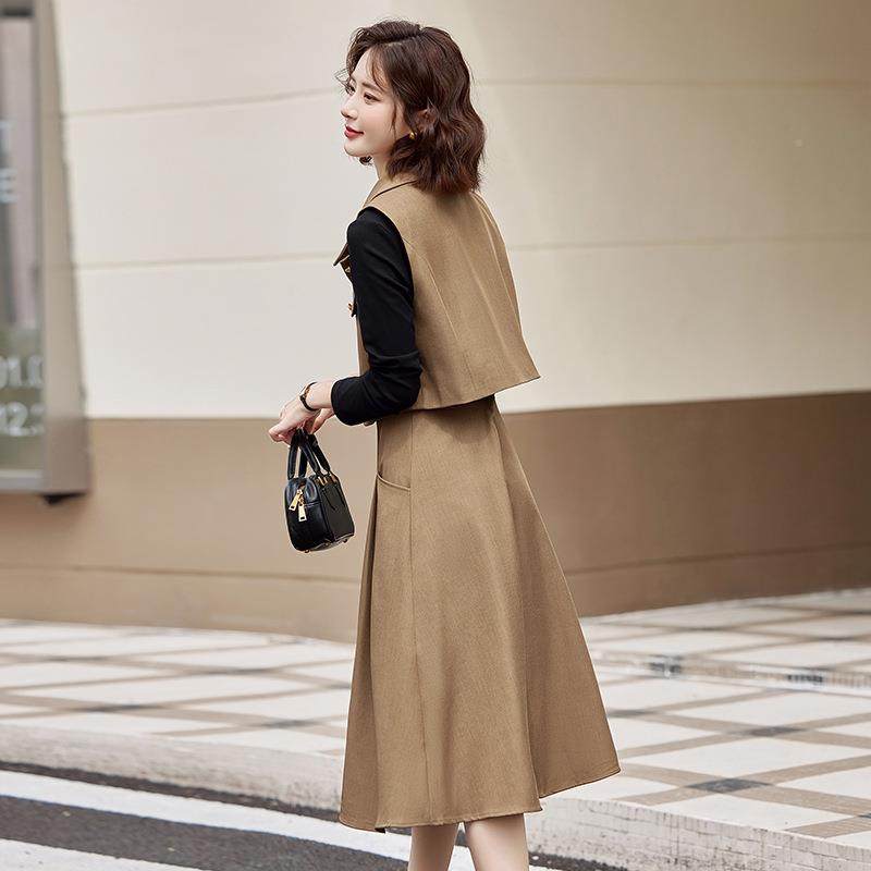 春季新时尚气质翻领LU8958-0马甲接拼中尚长裙款两件套时连衣裙