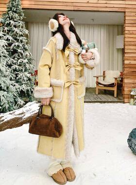 款过膝黄色皮毛体外套女冬长新款韩系氛一围C021-08感加仿绒外套