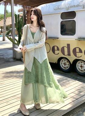绿色法式衫独特美吊带连衣裙女夏度绝假防晒风衬裙子两C221-F28件