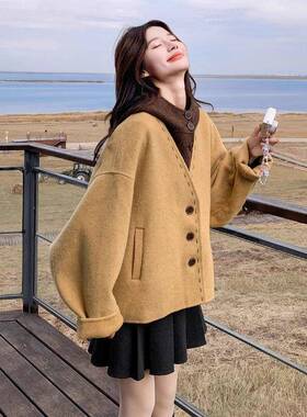 黄色套双毛面羊装绒大衣女冬季韩系气质连帽马C211-106甲呢外套两