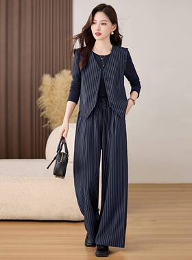 休2JX2565-0闲时裤尚套装女205新款高级感洋气好看条纹阔腿X三件