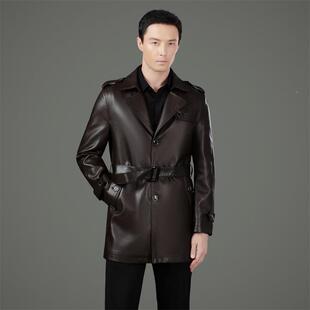 季冬海宁6068-KJ皮衣男绵羊皮风衣中长款务秋休闲皮夹克加绒皮大