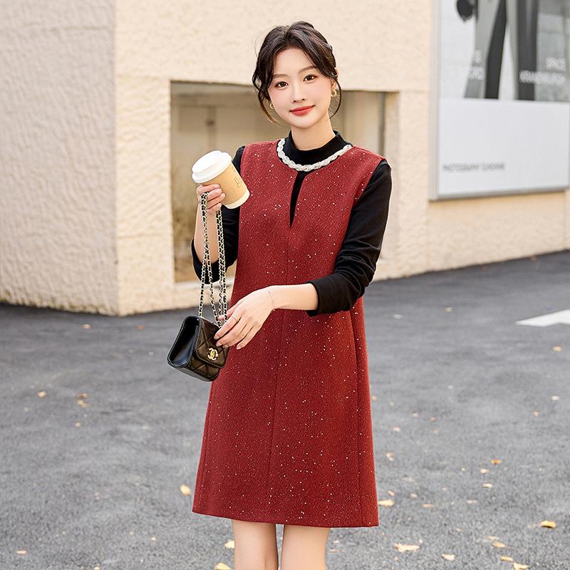 205心NS9733-0秋新款名媛长袖打底衫重工钉珠背裙女两件套连衣裙N