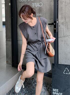 灰色裤韩系老钱风无马甲套女装夏季小袖个子休闲显C166-61瘦短两