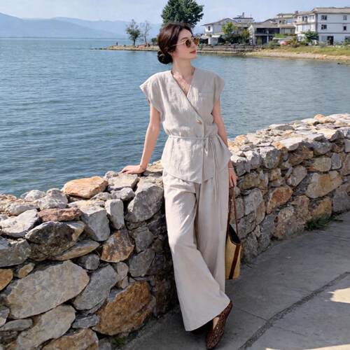 法式人知穿搭一整套女夏老风钱领无袖上衣2B187-AD阔淡腿裤两件高