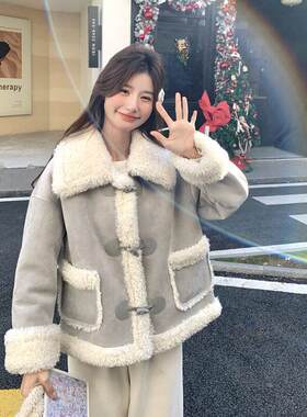 加绒棉服女款仿C092-859冬羊毛厚外套季新款牛角扣翻领羔保暖短棉