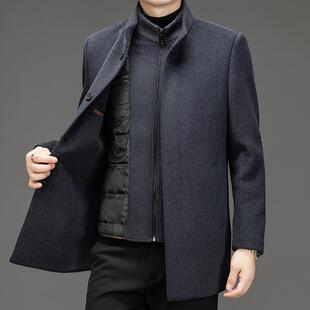 冬季双面呢羊绒大衣518-WL男中款可拆白鸭绒内胆暖保毛呢长外套卸