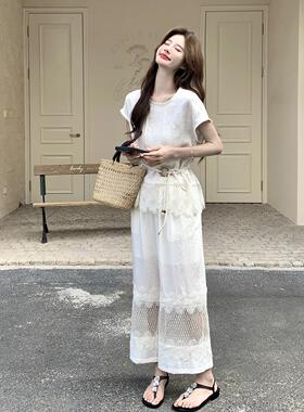 法式小众高级C189-276感蕾拼接套装两女季新丝款短袖上夏衣阔腿裤