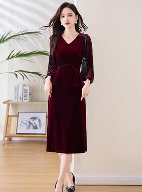 丝气绒雅包臀裙中长款假两件长袖裙质优女装职业秋冬金裙 YXYX861