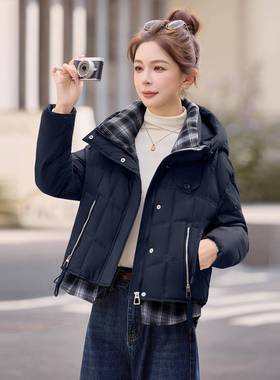 格纹拼接羽绒服ZHUOD256女冬个季新款小子气质宽连短帽加厚保暖松