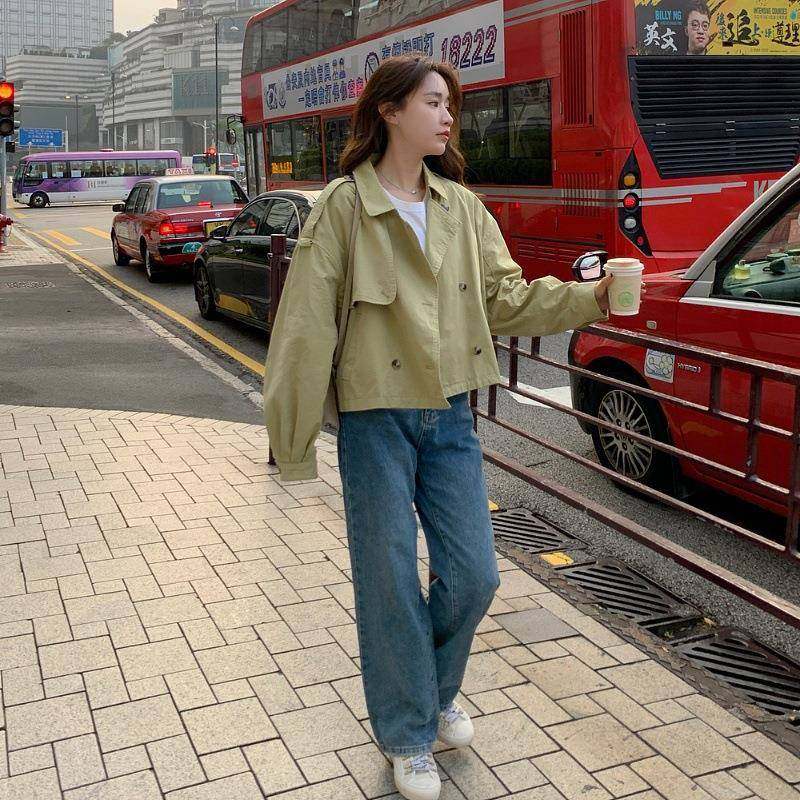 绿色短款衣外休套女年春风秋新款高级设计感双上排扣宽松ZR2D009