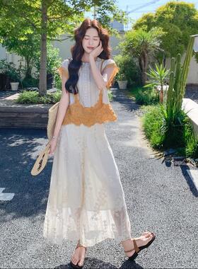 米女白色撞色丝刺绣拼接短蕾袖阔腿裤套装夏新日款气质两C115-251