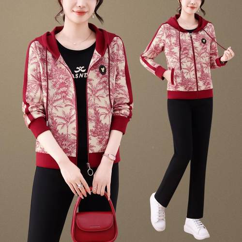 中年女装运动套秋装春季9651826新款妈妈洋减龄连帽开衫卫衣三气