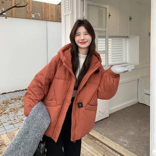 帽橘红短C07-50色款羽绒棉服冬女季新款韩系小个子连面包服外套加