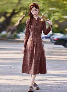 全SY2578棉碎花连裙子中长款款衣新文艺复古长袖收腰打底裙女