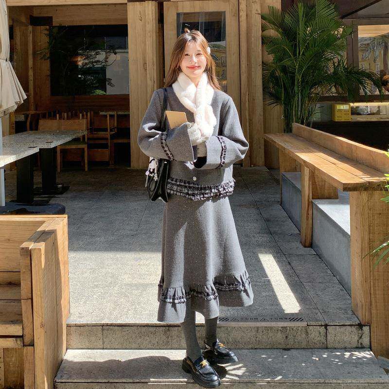 套灰色格纹拼小接b287-506香风毛呢装裙女裙秋冬新款外套半身两件