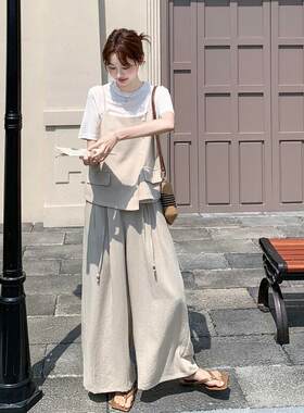 系休闲风通套装女士夏季新款设计感韩吊C512-708恤带阔腿裤勤三件