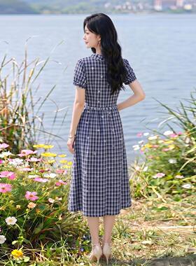 短袖格连衣款裙女新领显瘦通SY2696-0字纹裙休闲勤度假风裙子