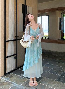 法绝则美晕风不规吊带连衣裙套装C015-261女夏新款染超仙开衫式两