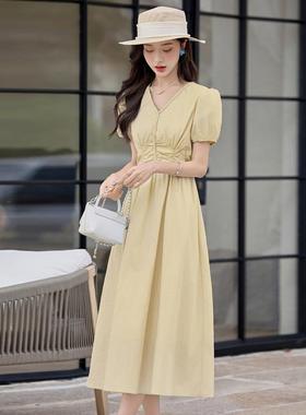 气质色褶皱领纯系带收腰显瘦中长款裙泡BL2503-0泡字袖连衣裙