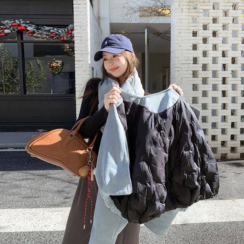 韩系服蓝色围脖短款羽绒女外冬季年新款小个子减ZZB1898龄白绒鸭