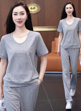 运假两件动圆套装女171-6931夏跑新款领短袖长裤显瘦时尚洋气冰丝
