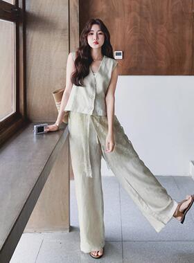 接米色韩老钱风C077-292丝拼蕾马甲套装女夏季新款休闲阔系腿裤两