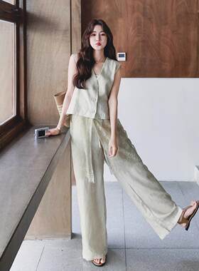 接米色韩老钱风C077-292丝拼蕾马甲套装女夏季新款休闲阔系腿裤两