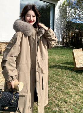 2B18-90灰色大毛领派克服女年冬长季绒新款系款过膝加韩工装棉服