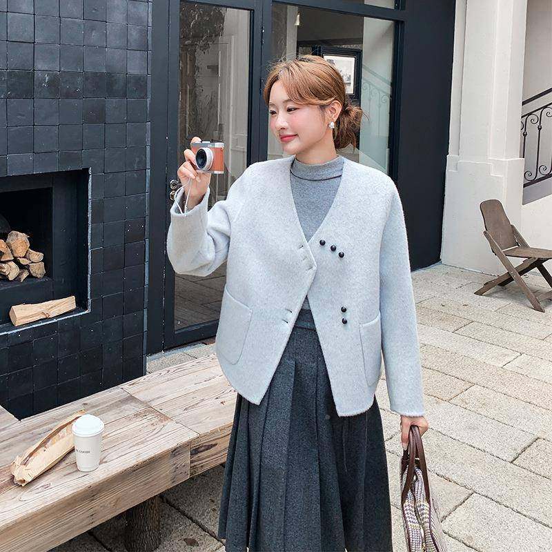 浅灰1C150-A6色双面毛呢外套女冬季韩系特上超好独小个子短款看呢