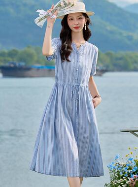 夏季纹新女款穿搭收腰小个子气领蓝色时NI835-05尚质条连衣裙
