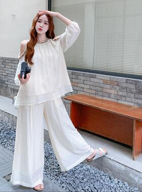 白色巨好看度假风米闲套装女夏件季法D106-109式露肩上衣阔腿休裤