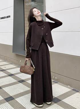 咖色美拉德老钱风呢套装女毛打秋季新腿款马c077-606甲底衫阔裤三