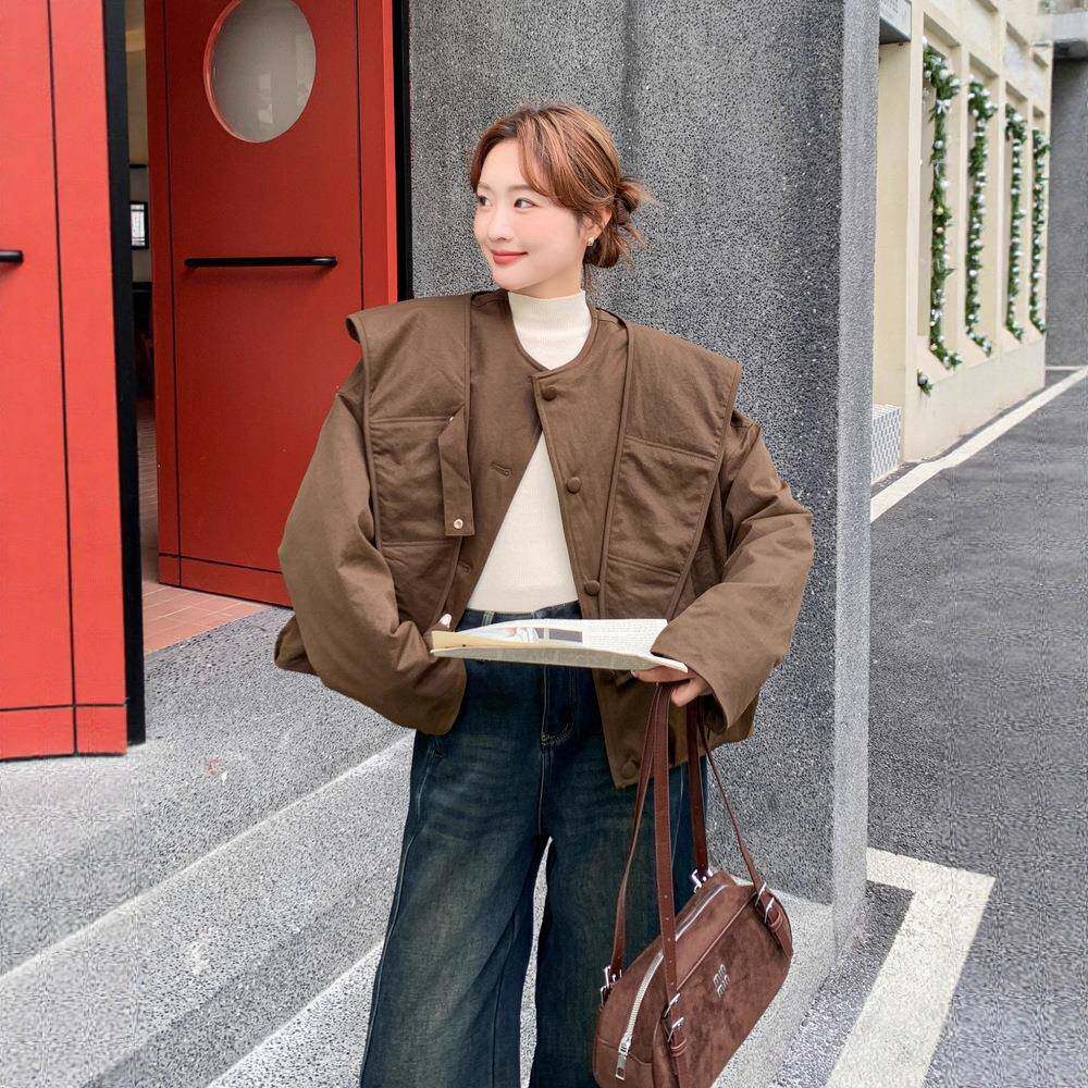 咖色复古可拆卸C087-185短连帽棉外服套女款冬小个子加绒加保暖棉
