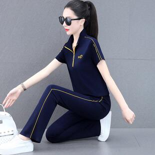 运动装套女夏季中装年袖女士洋气时尚冰丝短阔腿两裤休闲跳舞18-5
